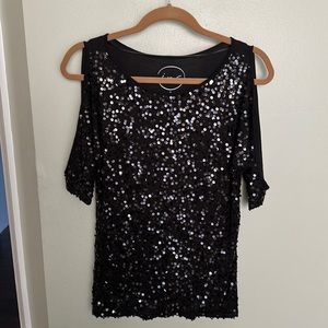 INC Black Sequin Cold Shoulder Top